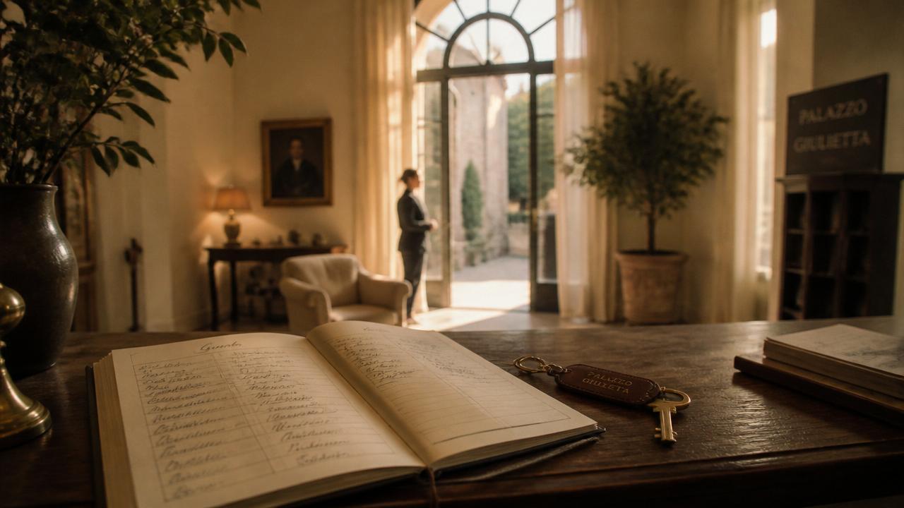 Boutique hotel lobby at golden hour with a handwritten guest ledger and brass key on the reception desk