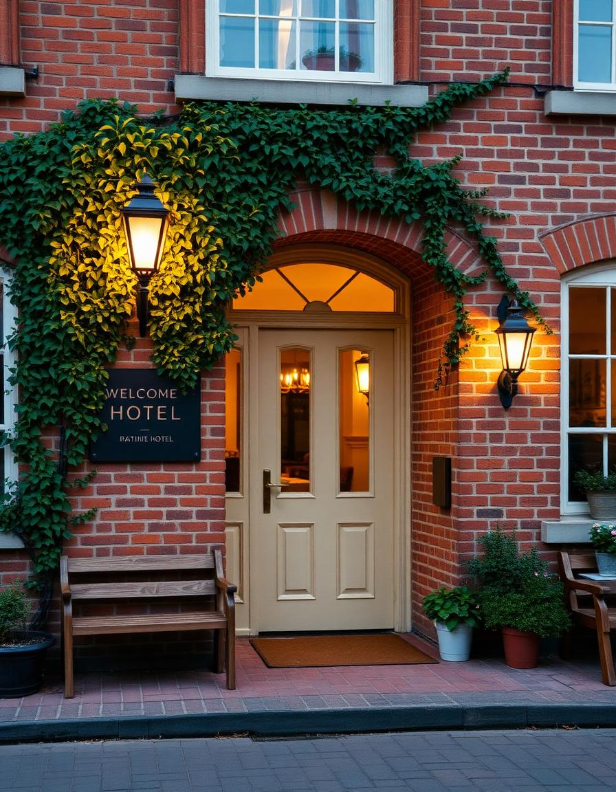 Welcoming boutique hotel entrance with warm lantern light at dusk