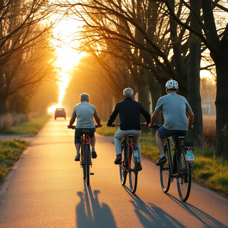 Cyclists on a Dutch polder road at golden hour