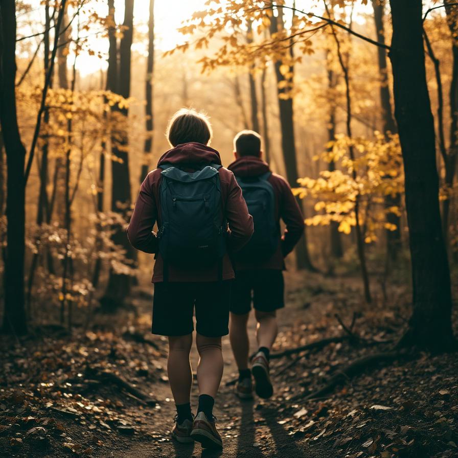 Hikers on a forest trail in autumn light