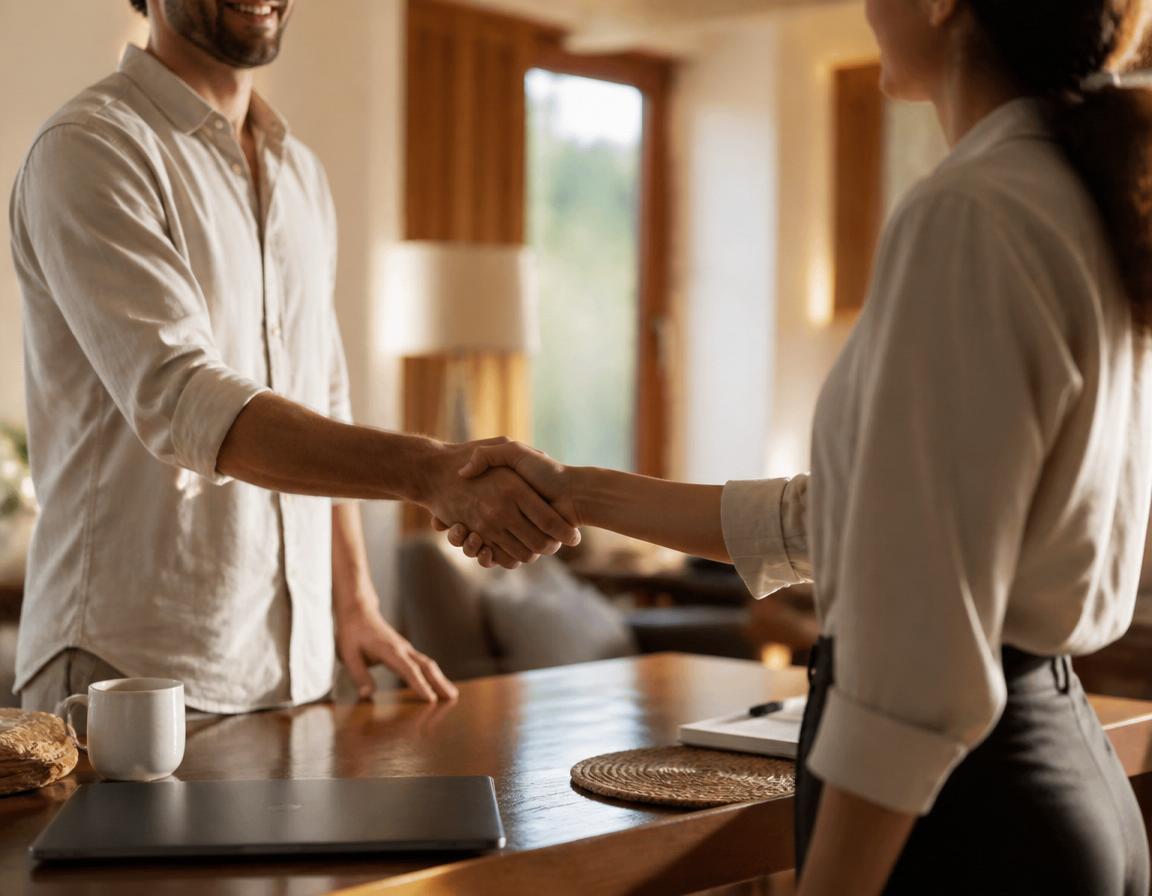 Two hands shaking across a warmly lit wooden table, sealing a partnership