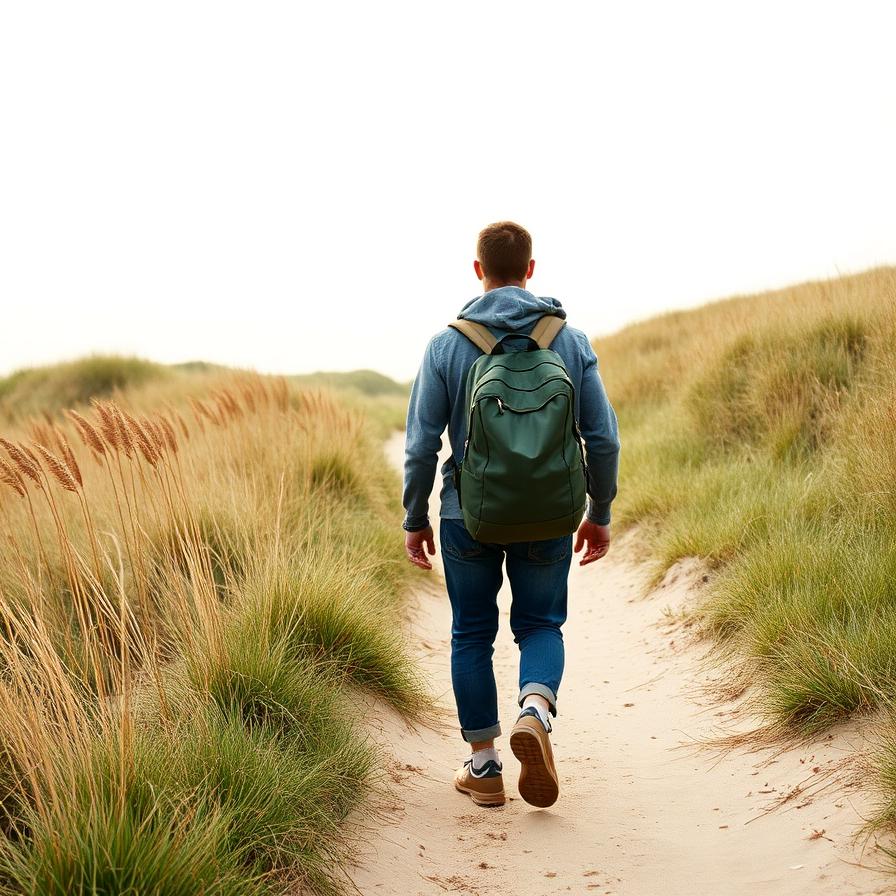 Traveller on a dune path along the North Sea