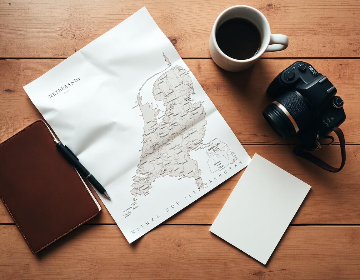 Wooden desk with a paper map, notebook and camera